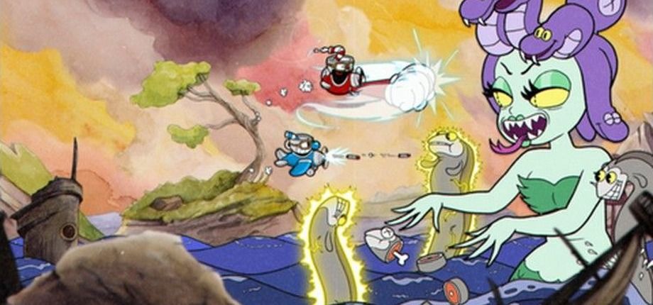 Cuphead and Mugman fighting Cala Maria in High Seas Hi-Jinx!