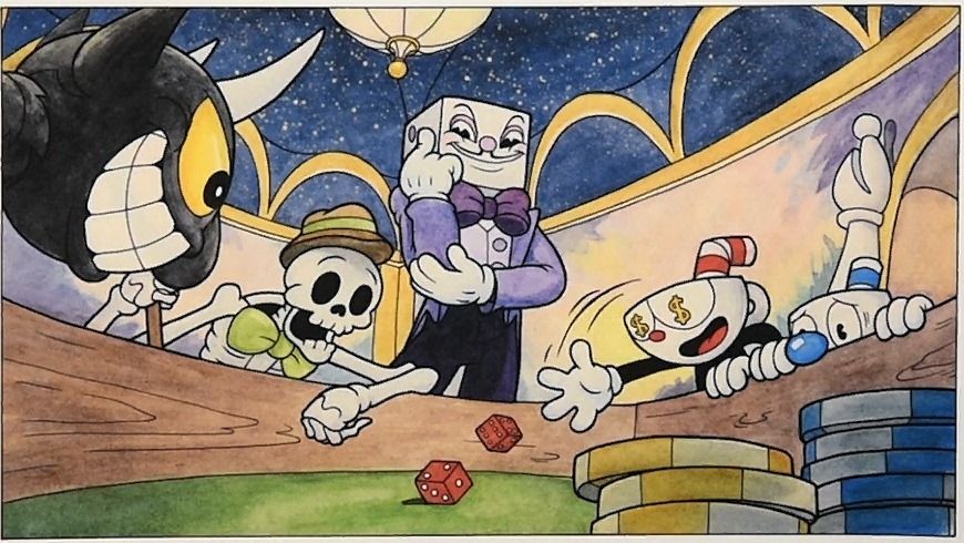 Cuphead rolls the dice at the Devil's casino table, from the game's own intro storybook
