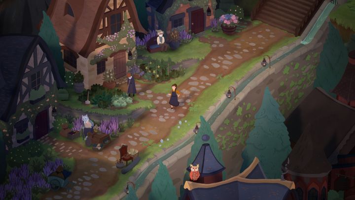 A student walking through a village with shops and townsfolk