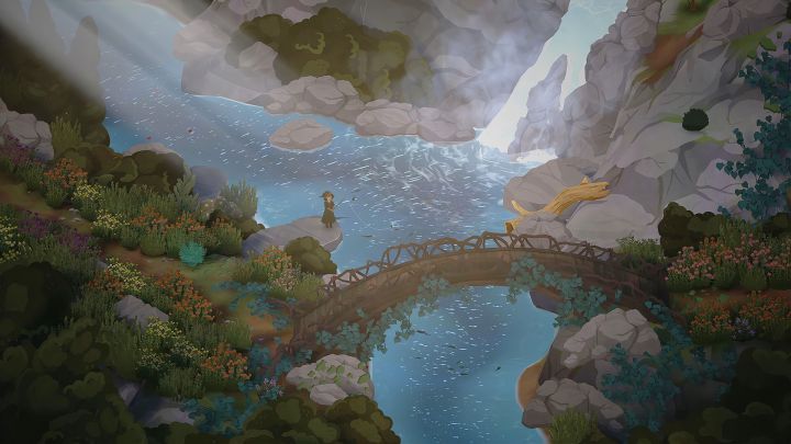 Fishing from a rock above a river beside a waterfall and wooden bridge