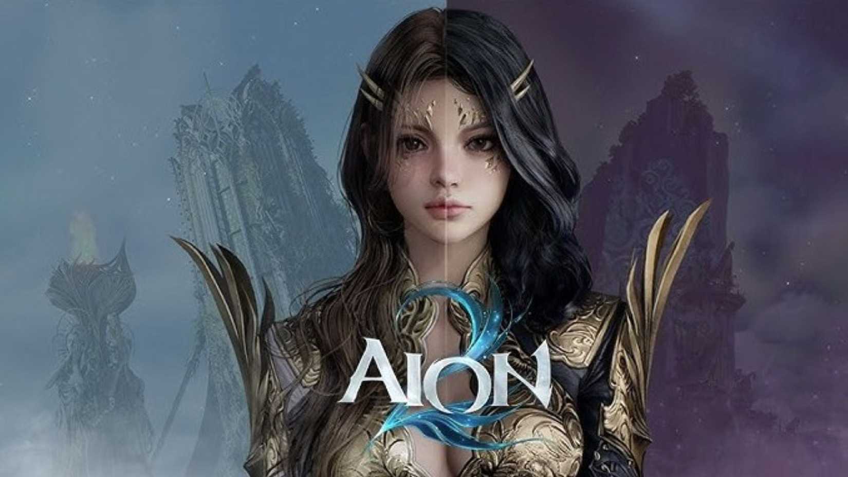 Aion2 logo over a customized character split in half. The left side shows a woman with brown hair and the right shows a woman with black hair. Both wear gold armor