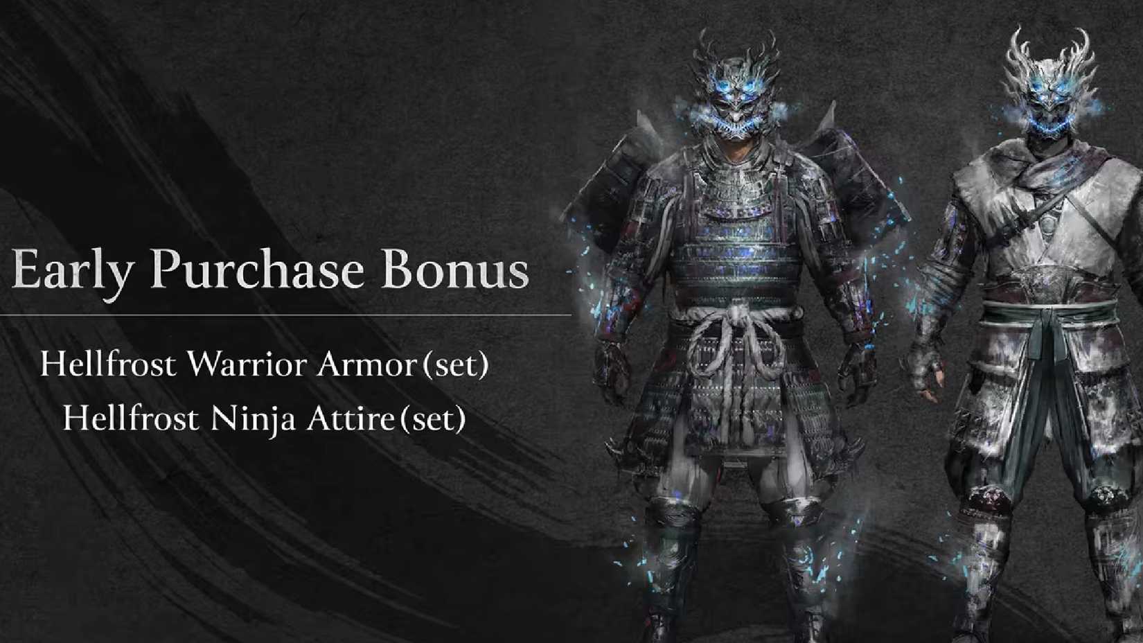 Nioh 3 Hellfrost Warrior and Ninja outfit sets that show grey Shogun armor with light blue accents