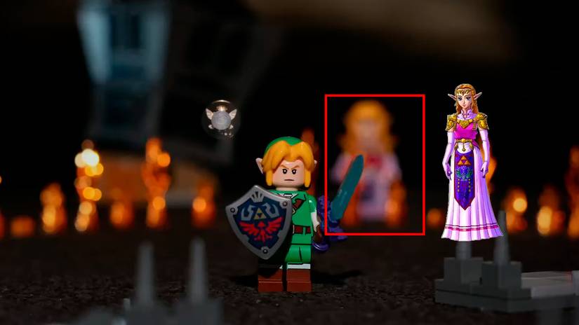 Princess Zelda in the background wearing her Ocarina of Time outfit