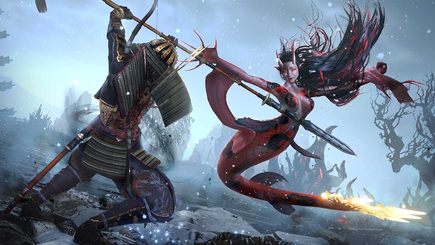 A Shogun warrior in full armor fights a mermaid-like Yokai with a red glowing tale and