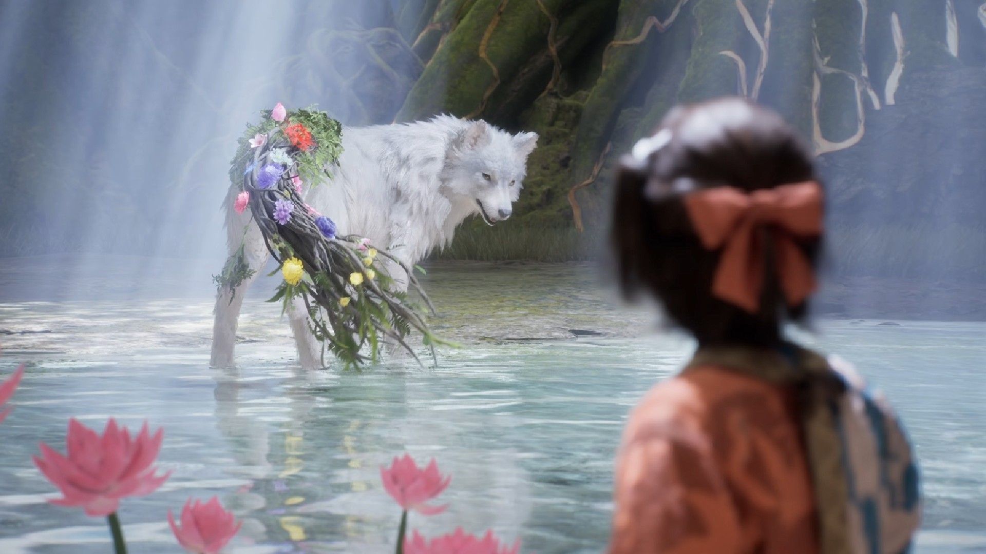 Beast of Reincarnation Wolf in the woods turns to look at young girl standing in the water