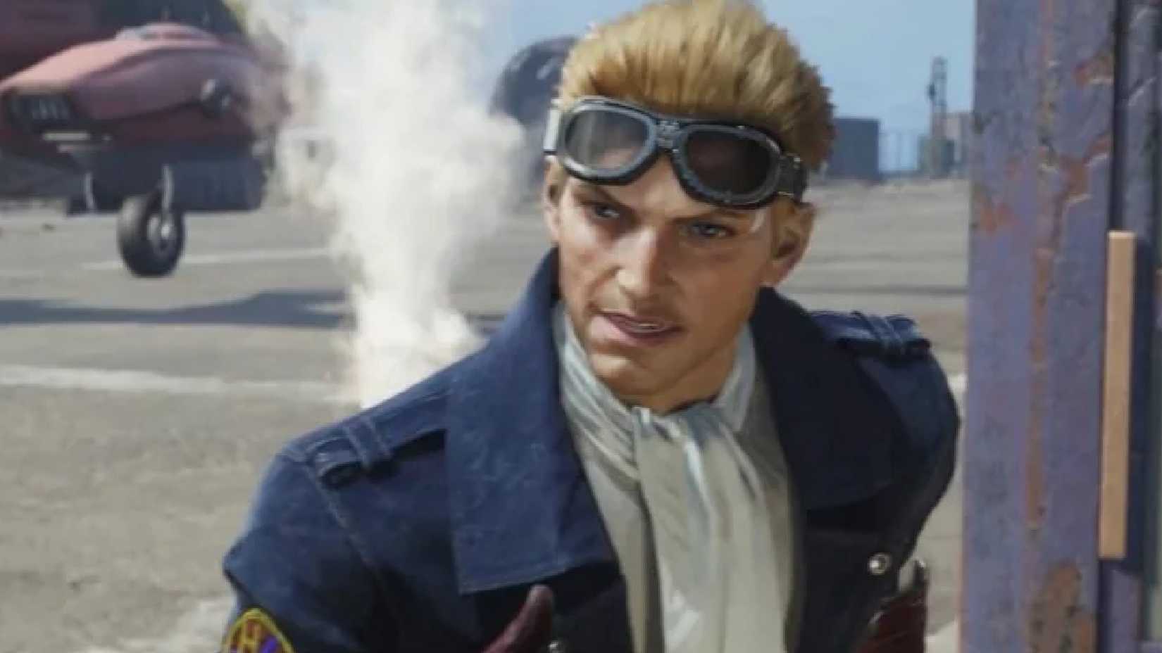 Cid Highwind stands on a flight strip outside in Final Fantasy VII Rebirth