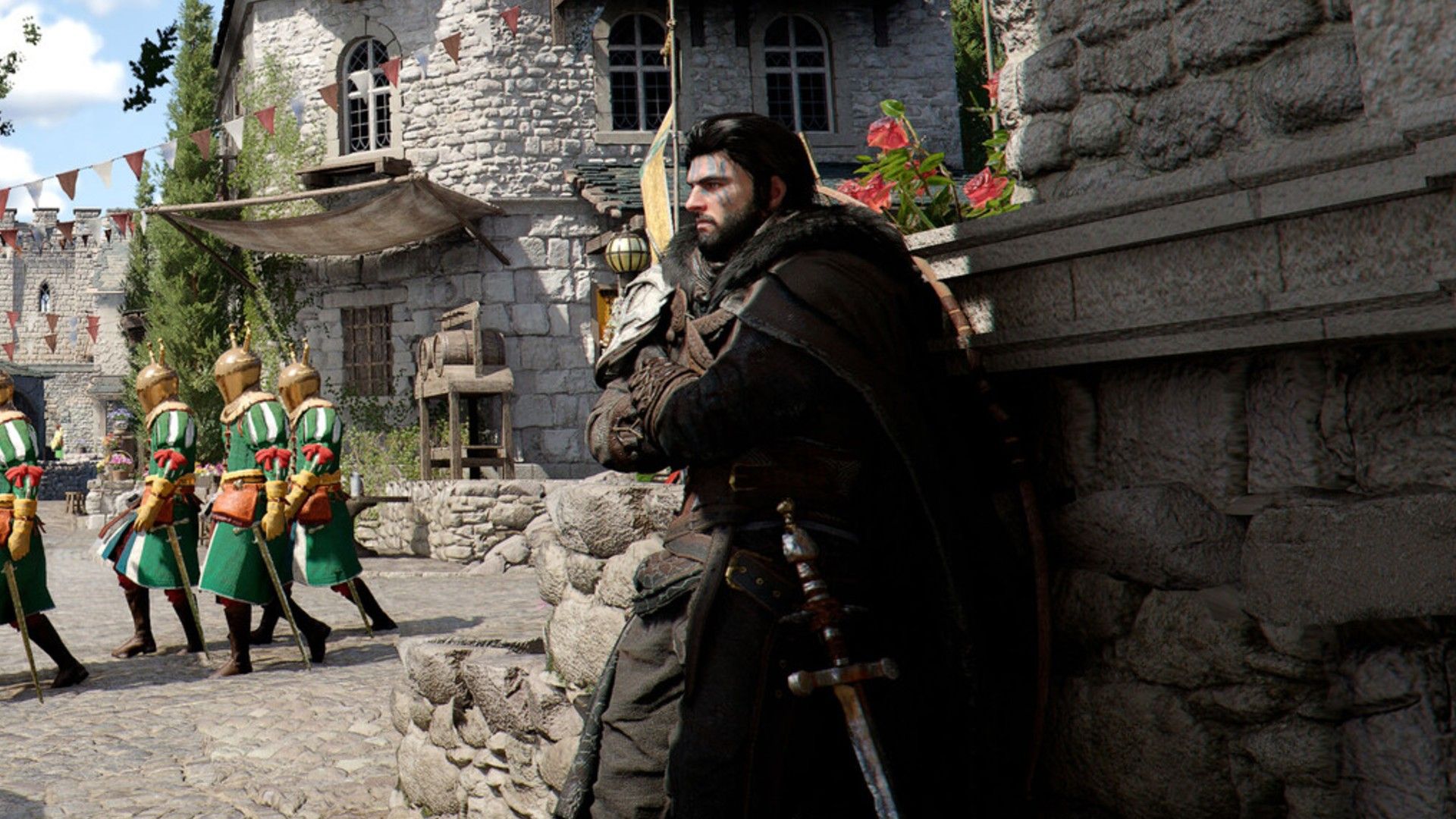 Crimson Desert Main Character leans against a wall in a busy town