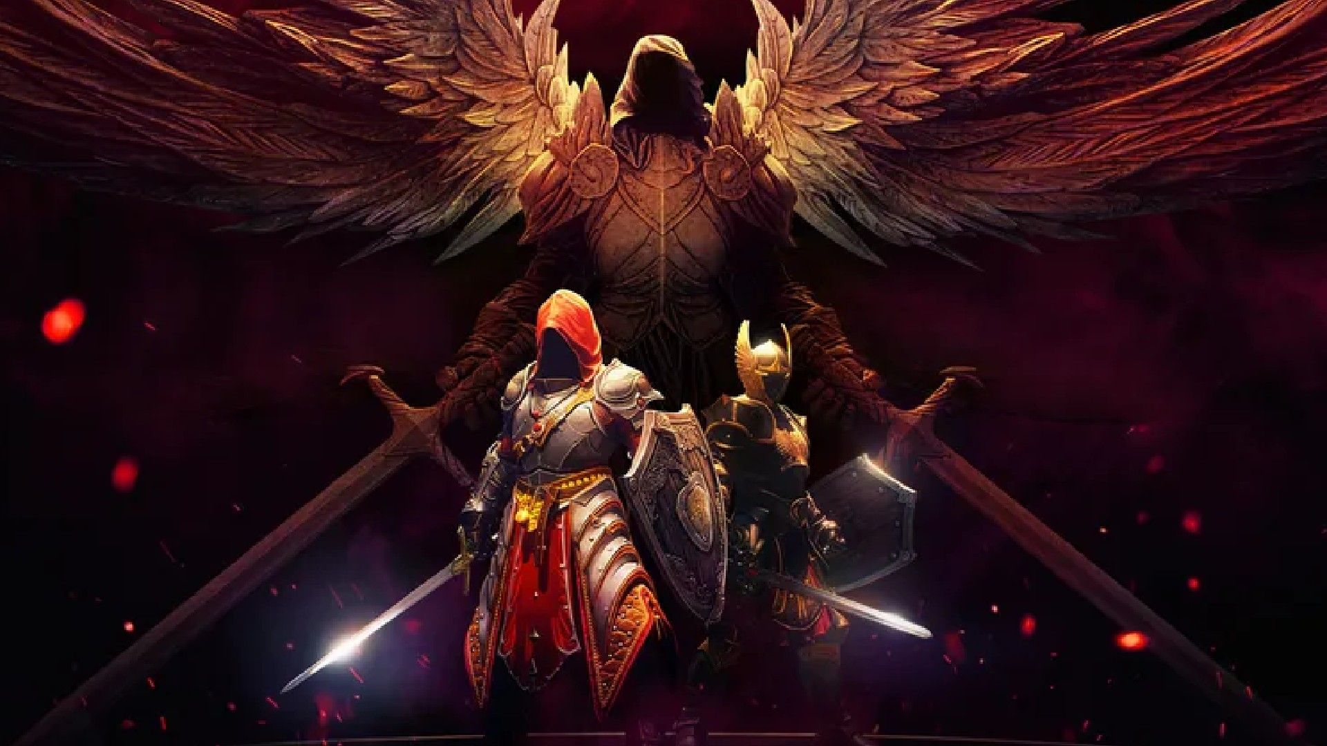 Crimson Moon warriors stand in front of a winged figure holding two swords