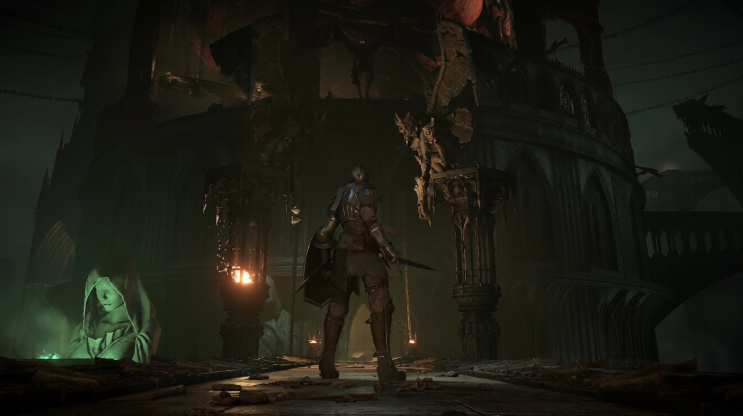 dark moody shot of character standing on a bridge