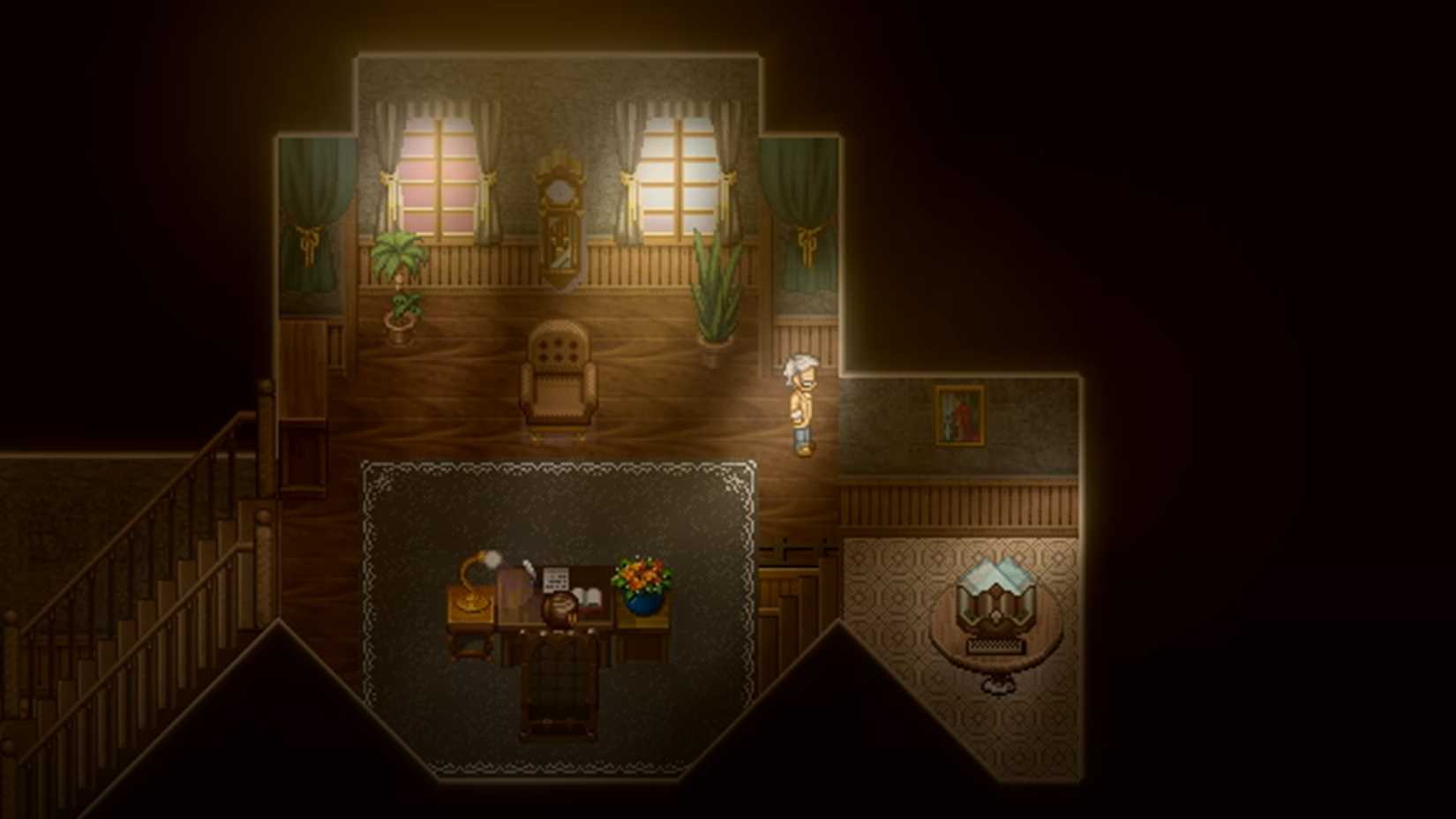 isometric pixel art of the inside of a house, soft lighting, a person stands facing a window