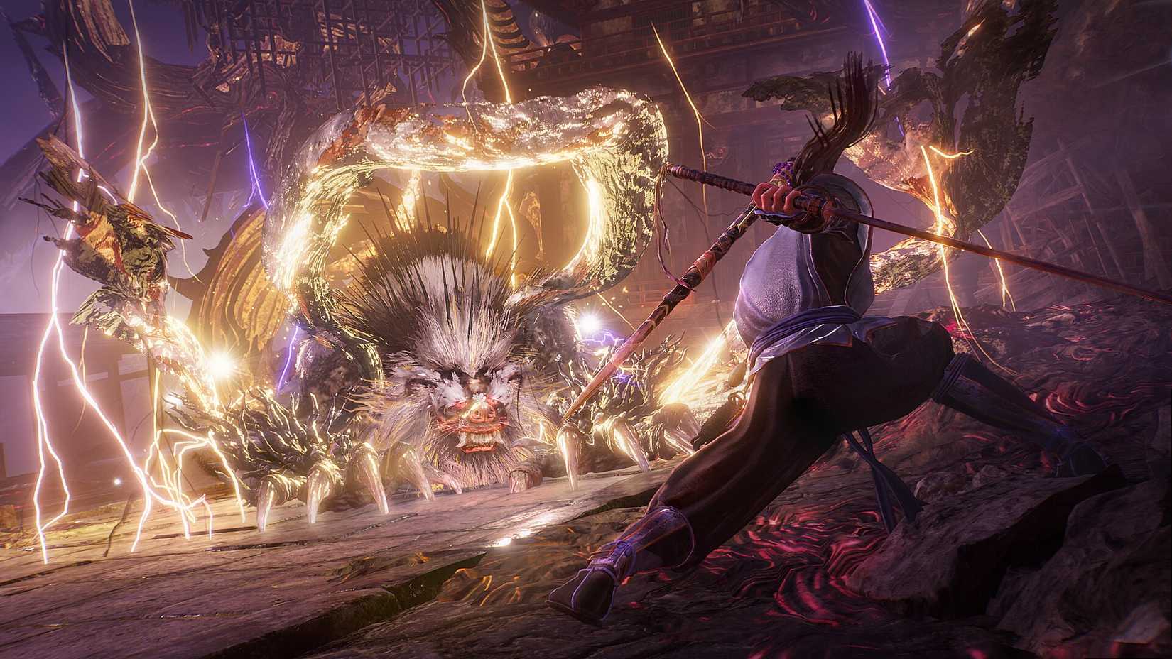 Nioh 3 character fights a Yokai in an electrical storm