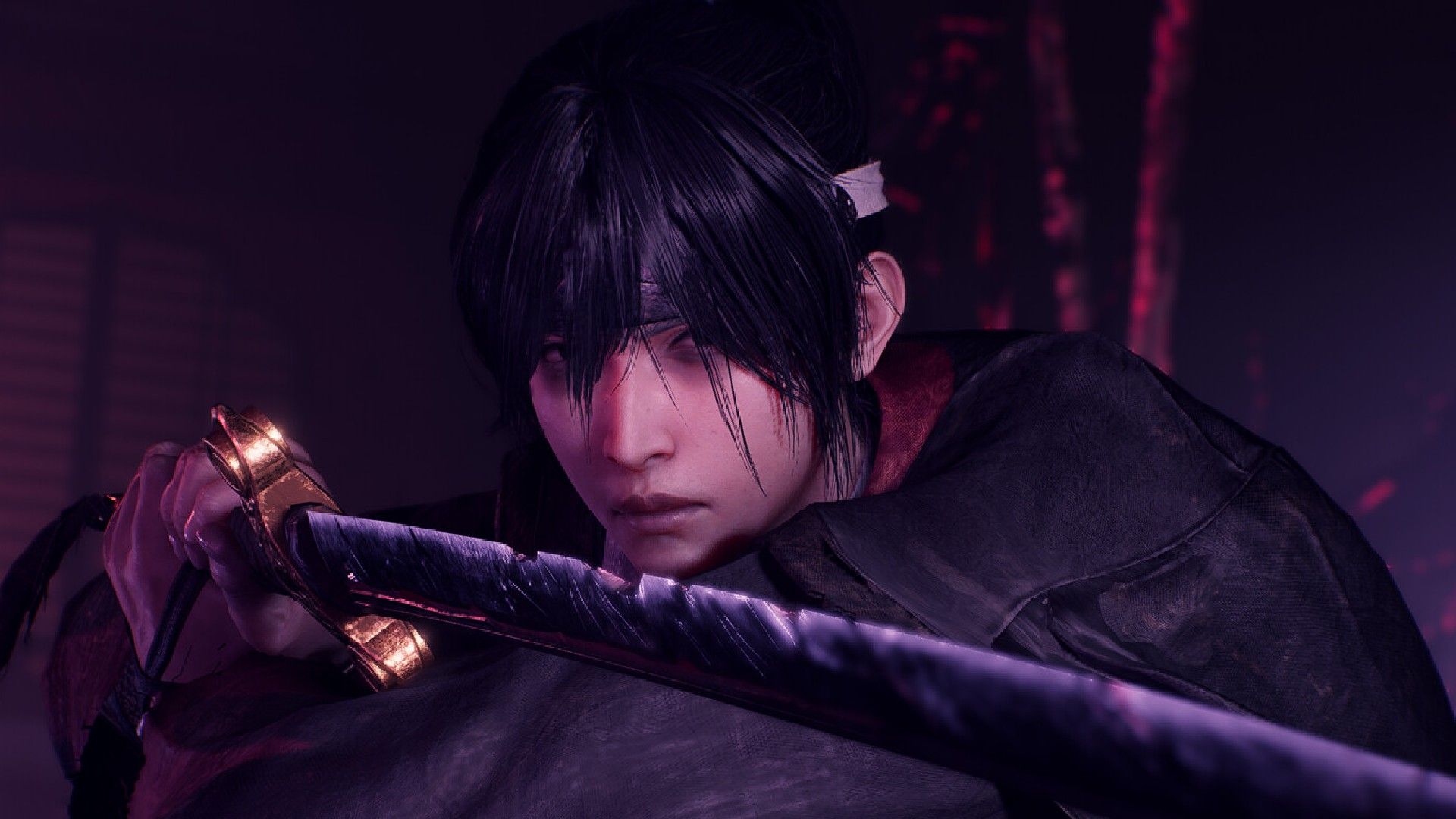 In a dark room, a warrior holds a worn Katana up in preparation to fight