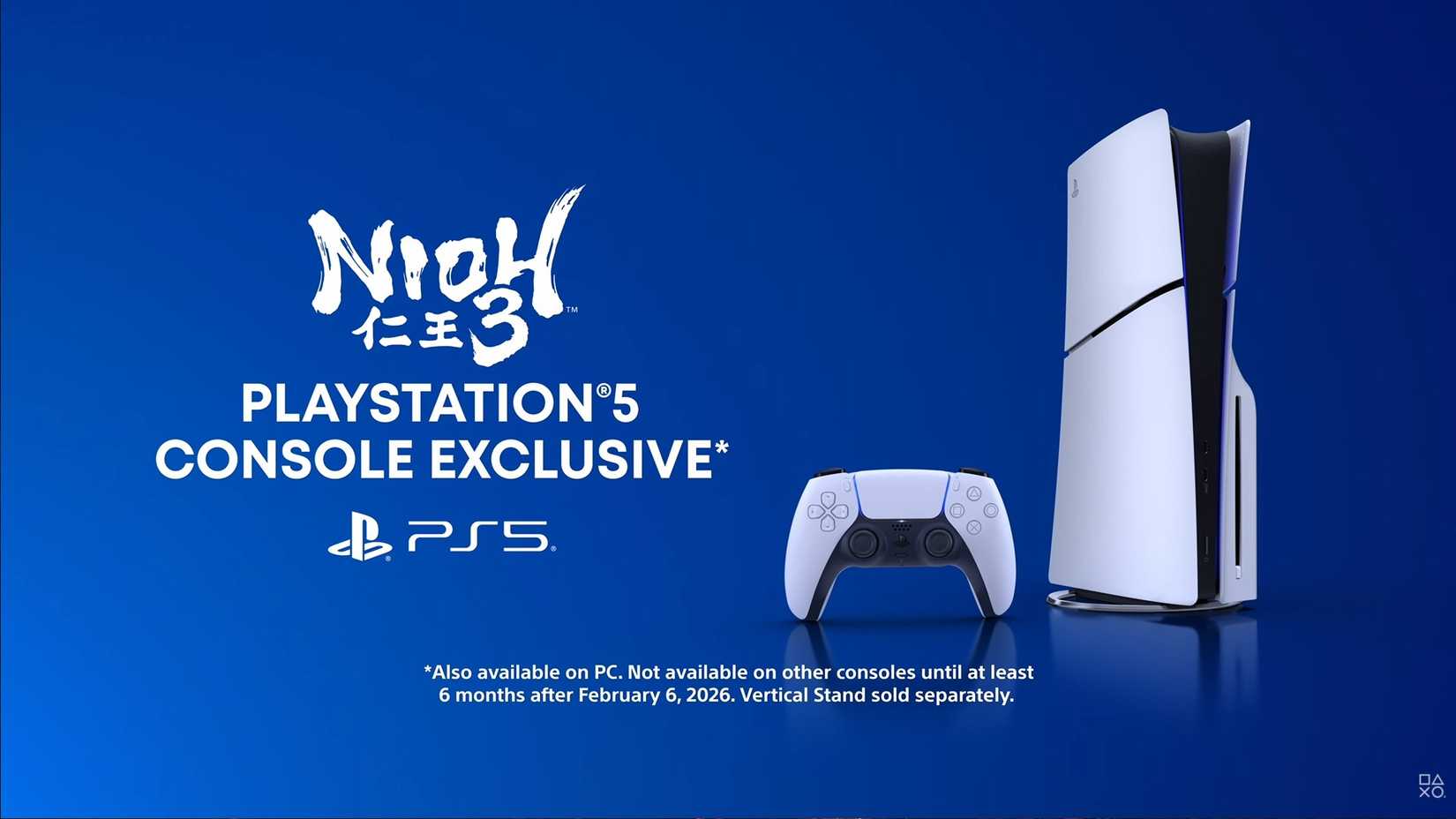 Nioh 3 logo on a blue background beside a PS5 console and Dualsense controller