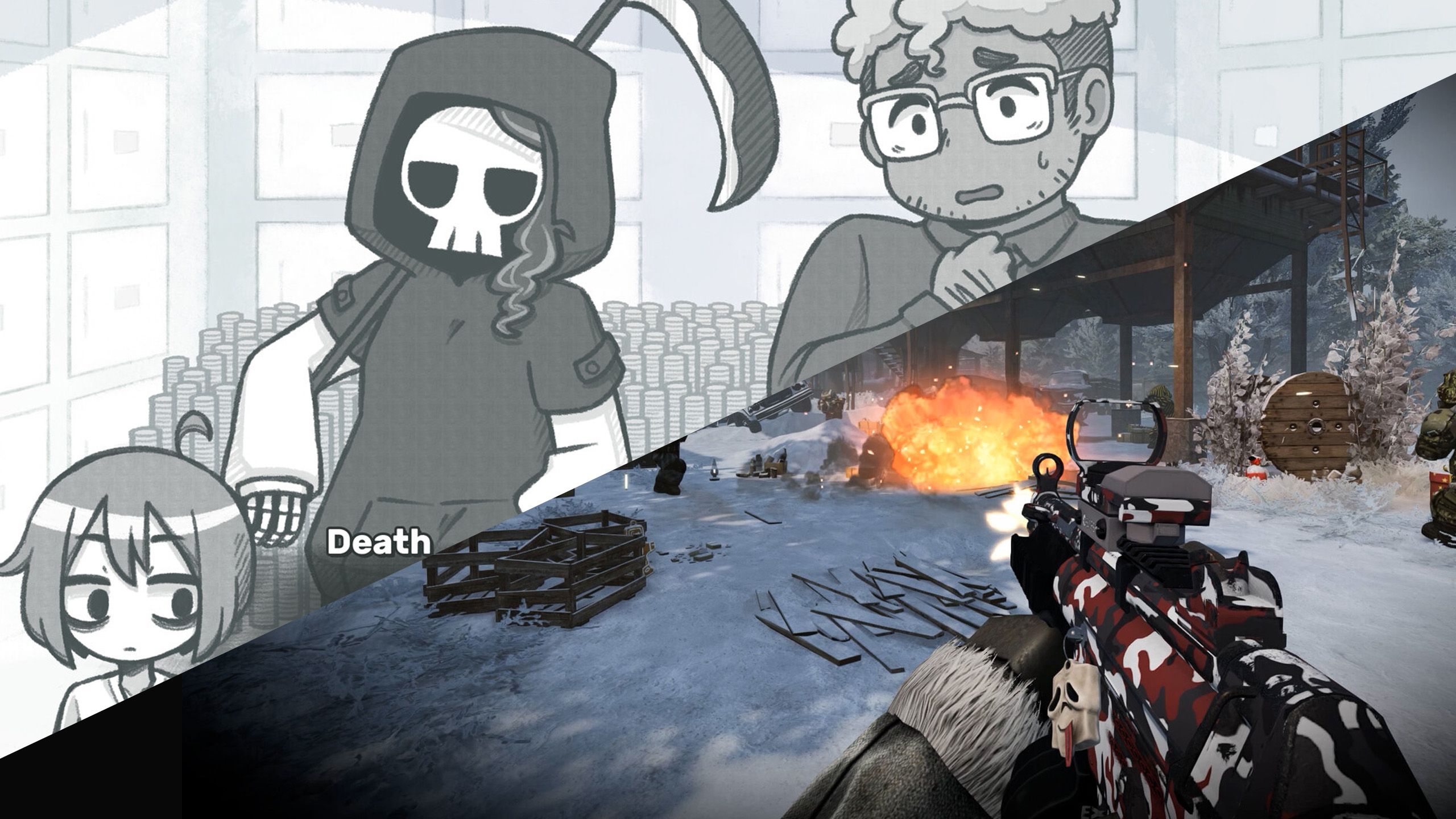 split image of top: anime with 3 characters, bottom: fps gun in a winter village