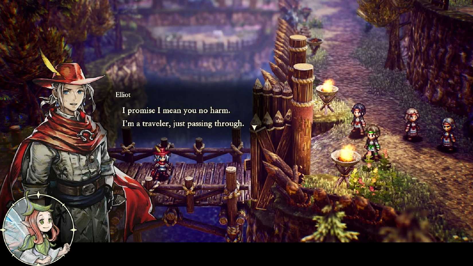 The Adventures of Elliot The Millennium Tales main character stands speaking to NPCs on a bridge