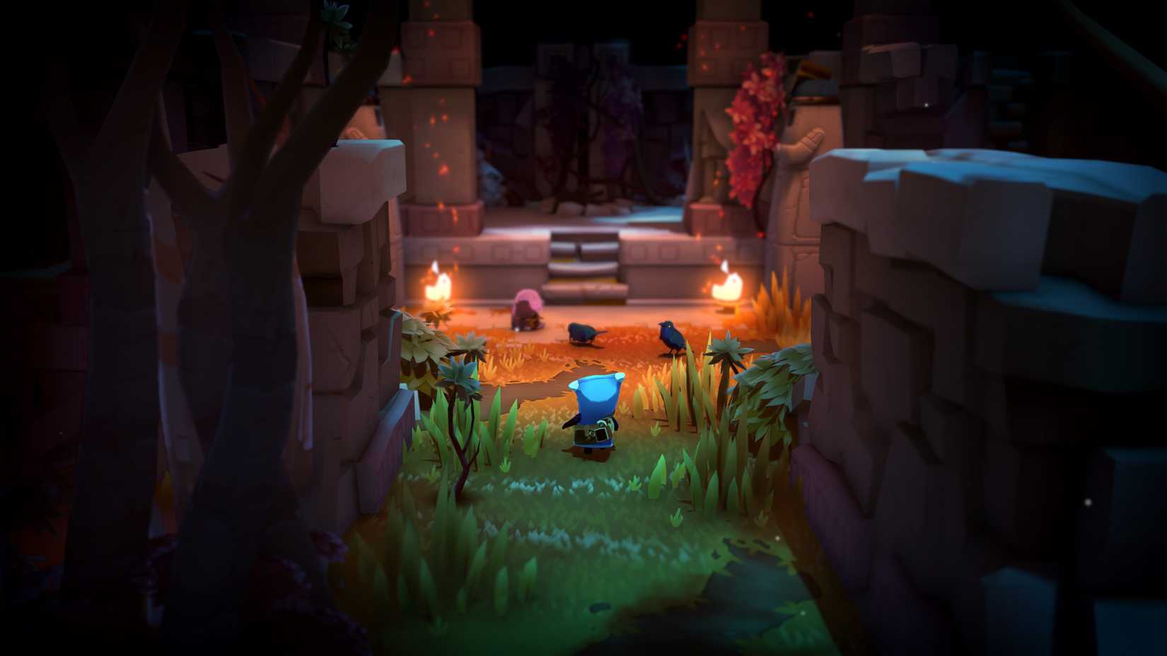 stylized art of a small blue chibi character facing away at a large temple.
