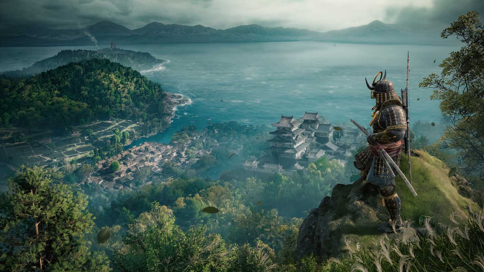 protagonist standing on a cliff overlooking new town