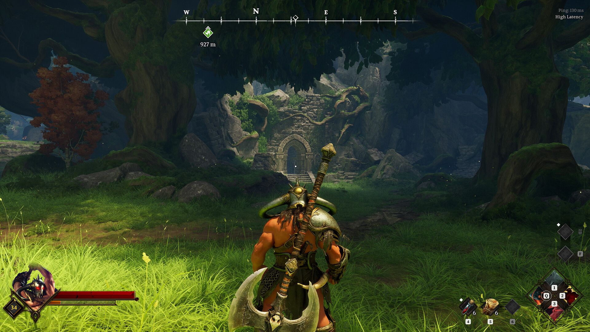 warrior with a greataxe looking at ruins