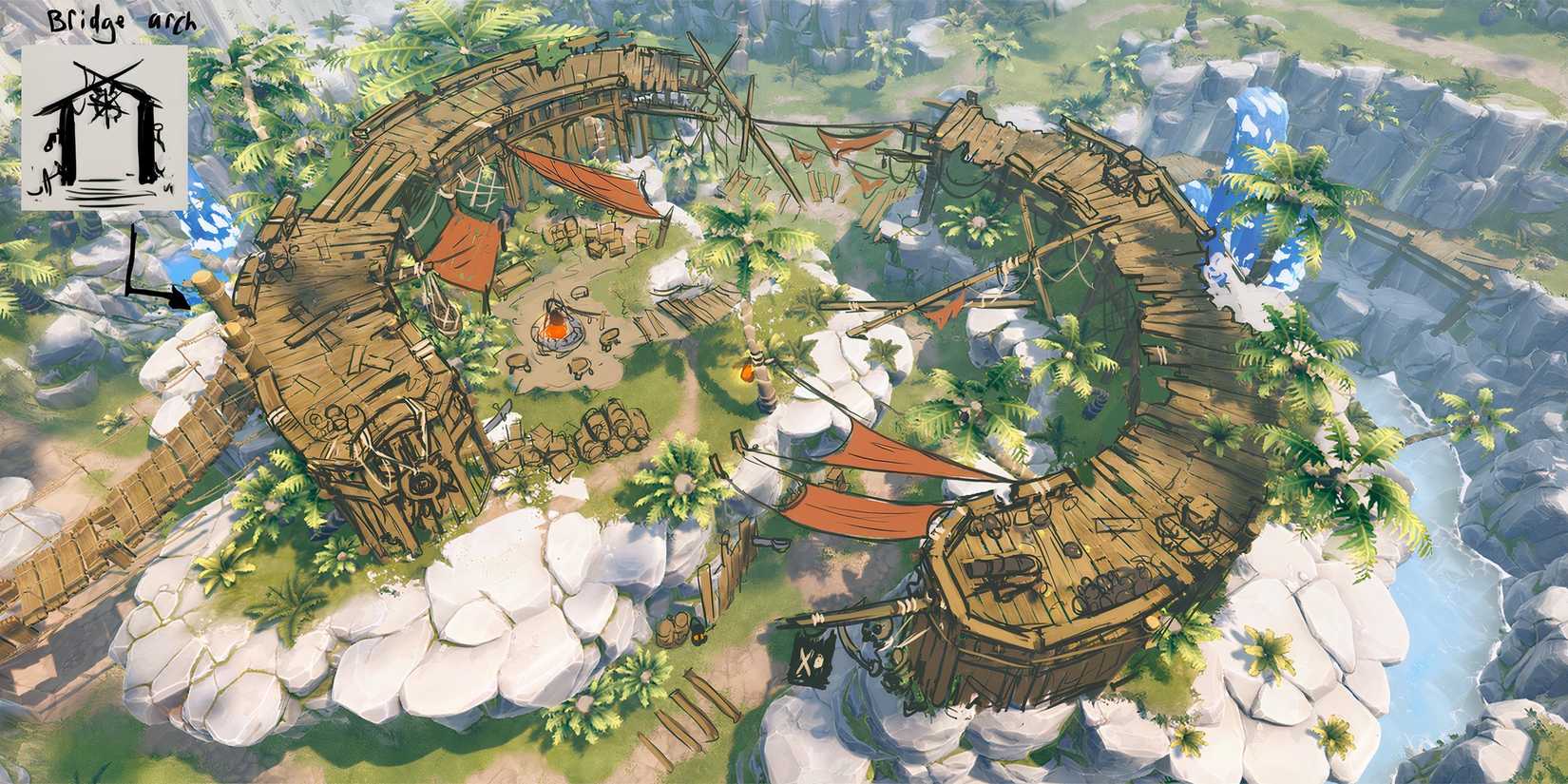 a top down cartoon illustration of a village encampment