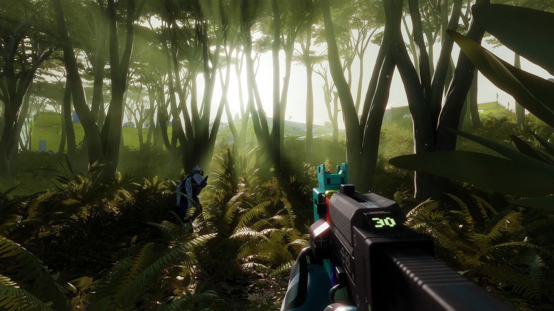 fps view of runnerwith a gun in a forest
