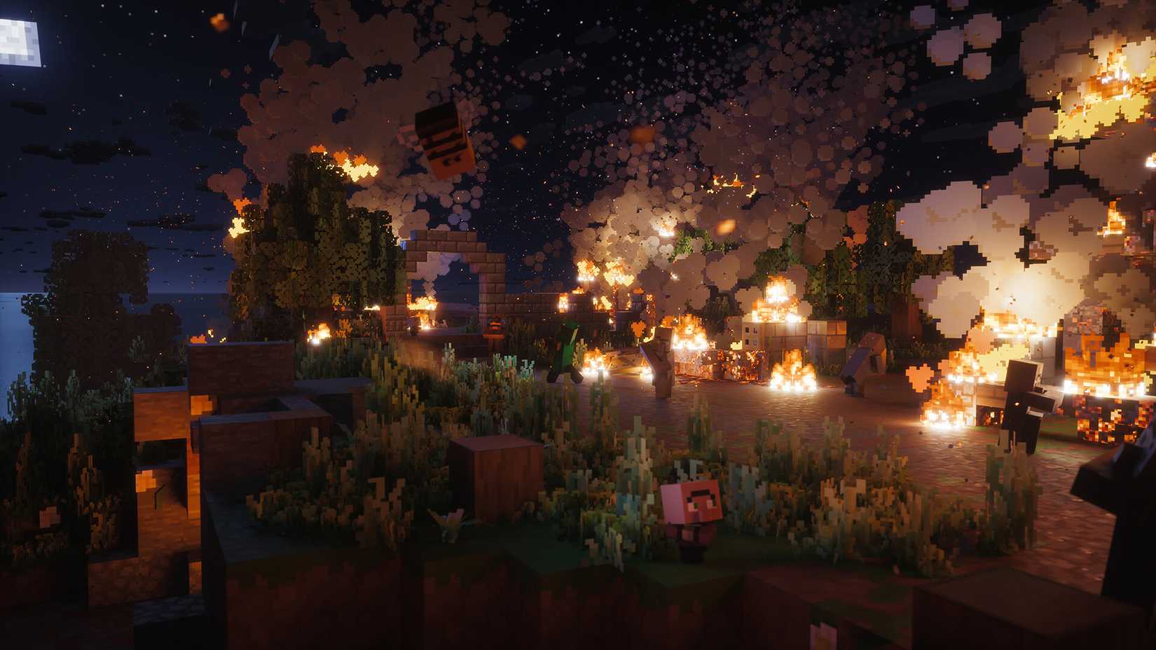 a minecraft forest engulfed in flames