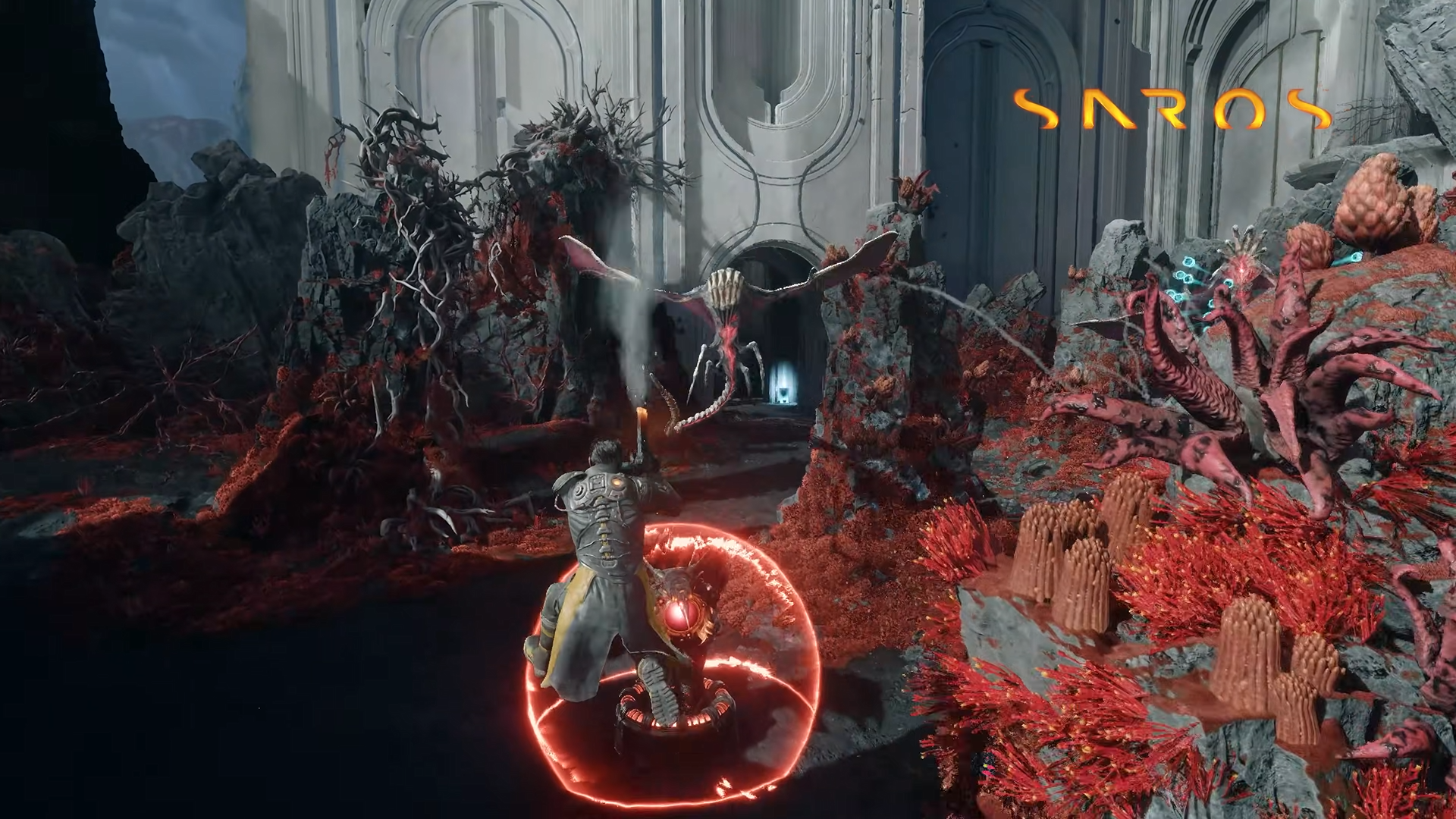 character fighting winged creature in a corrupted terrain 