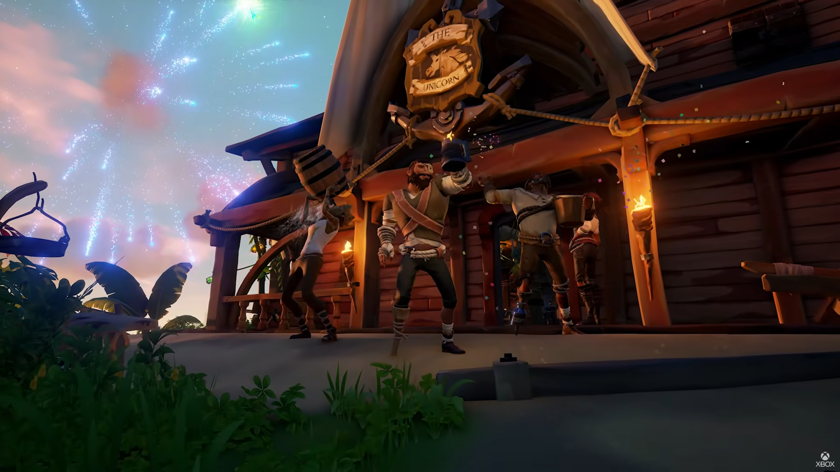 pirates celebrating with mugs of ale and fireworks in the background