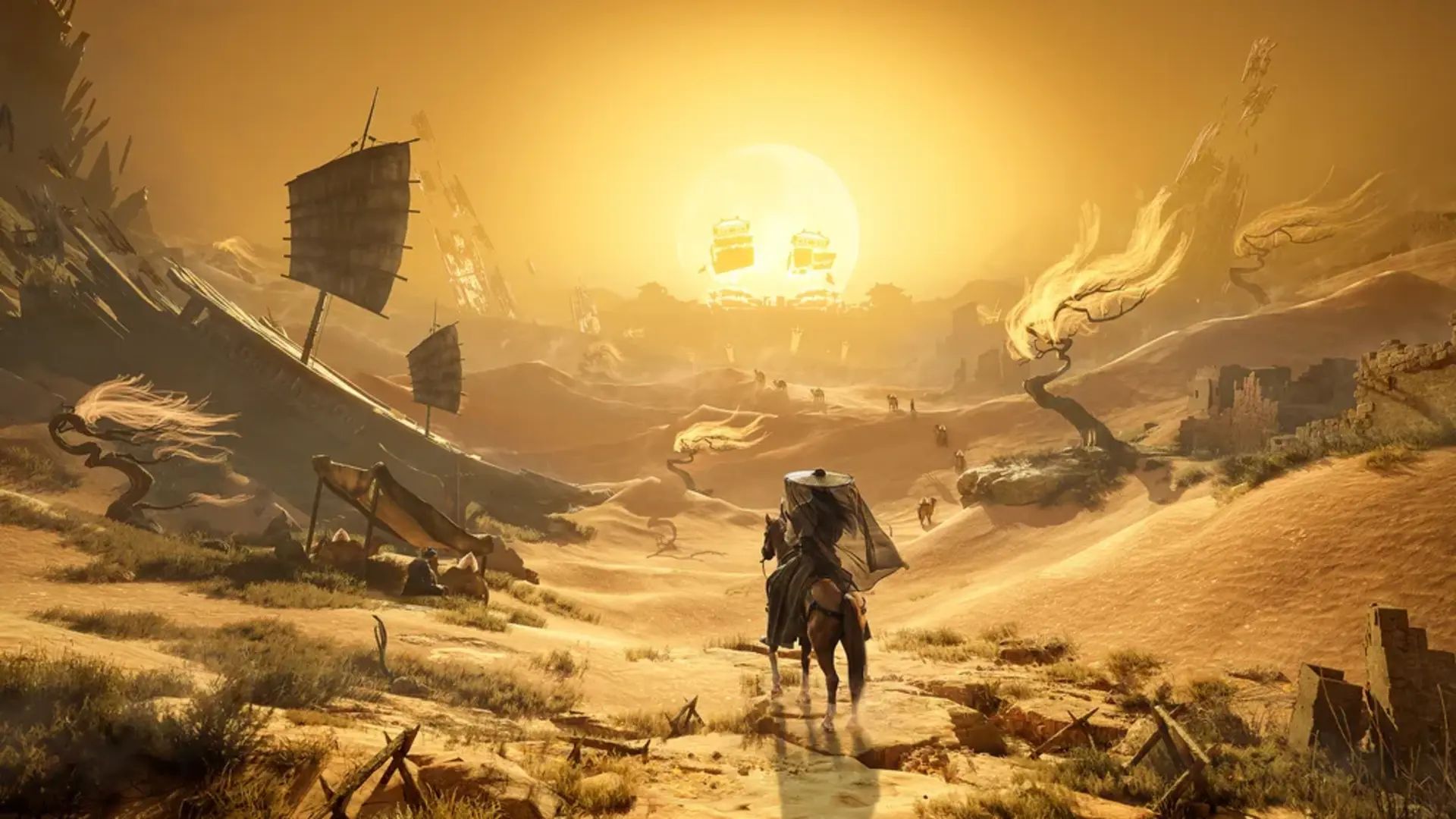 character on a horse overlooking hexi desert ruins