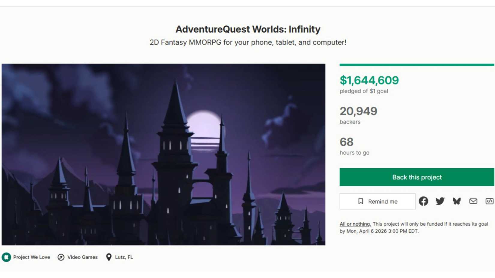 kickstarter page for AdventureQuest Worlds