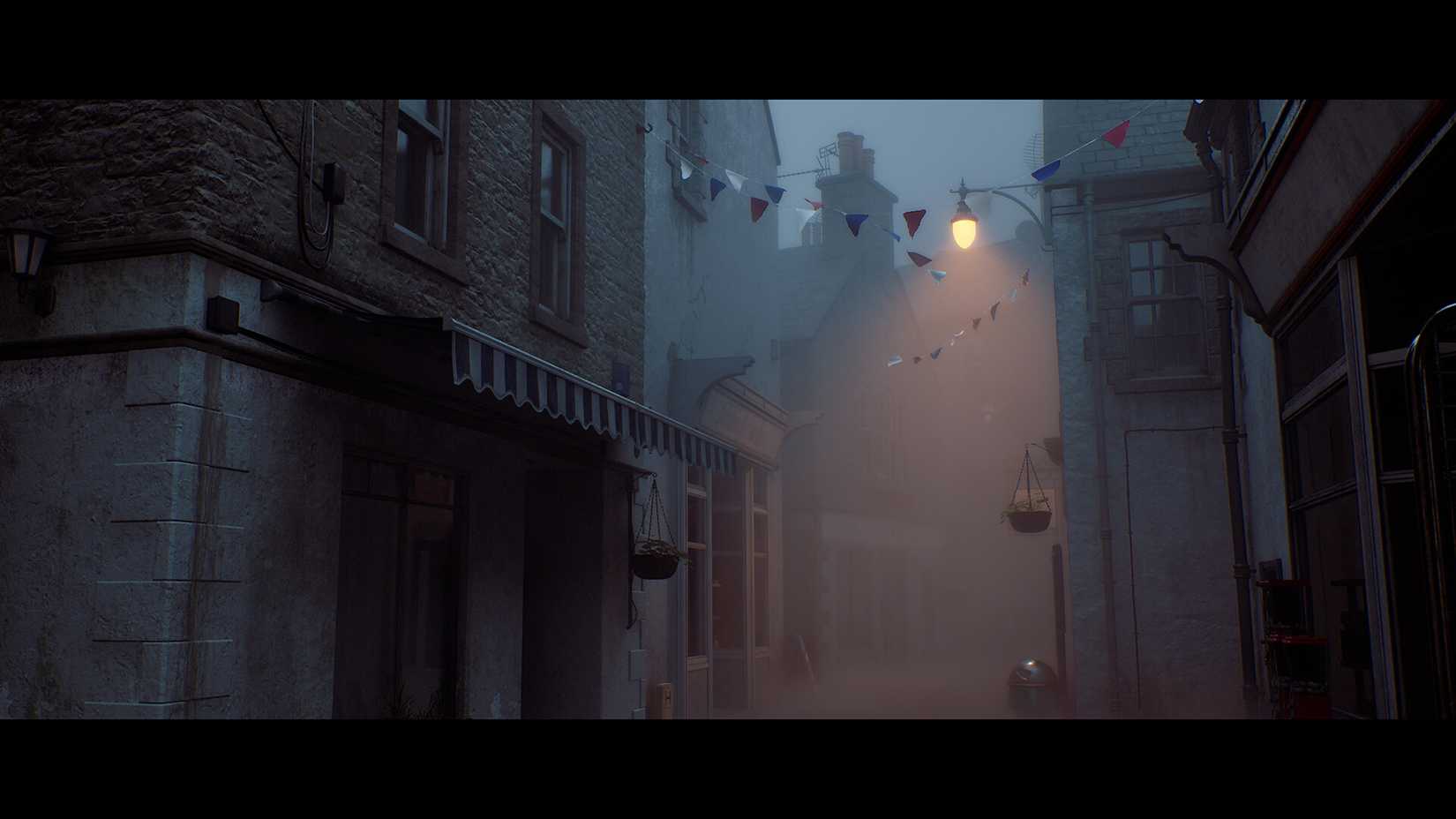 dimly light foggy alleyway