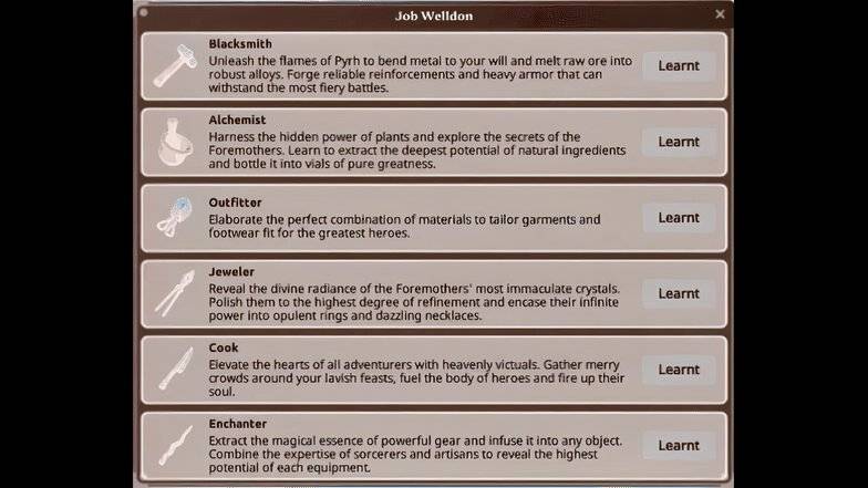 The list of available jobs in Farever.
