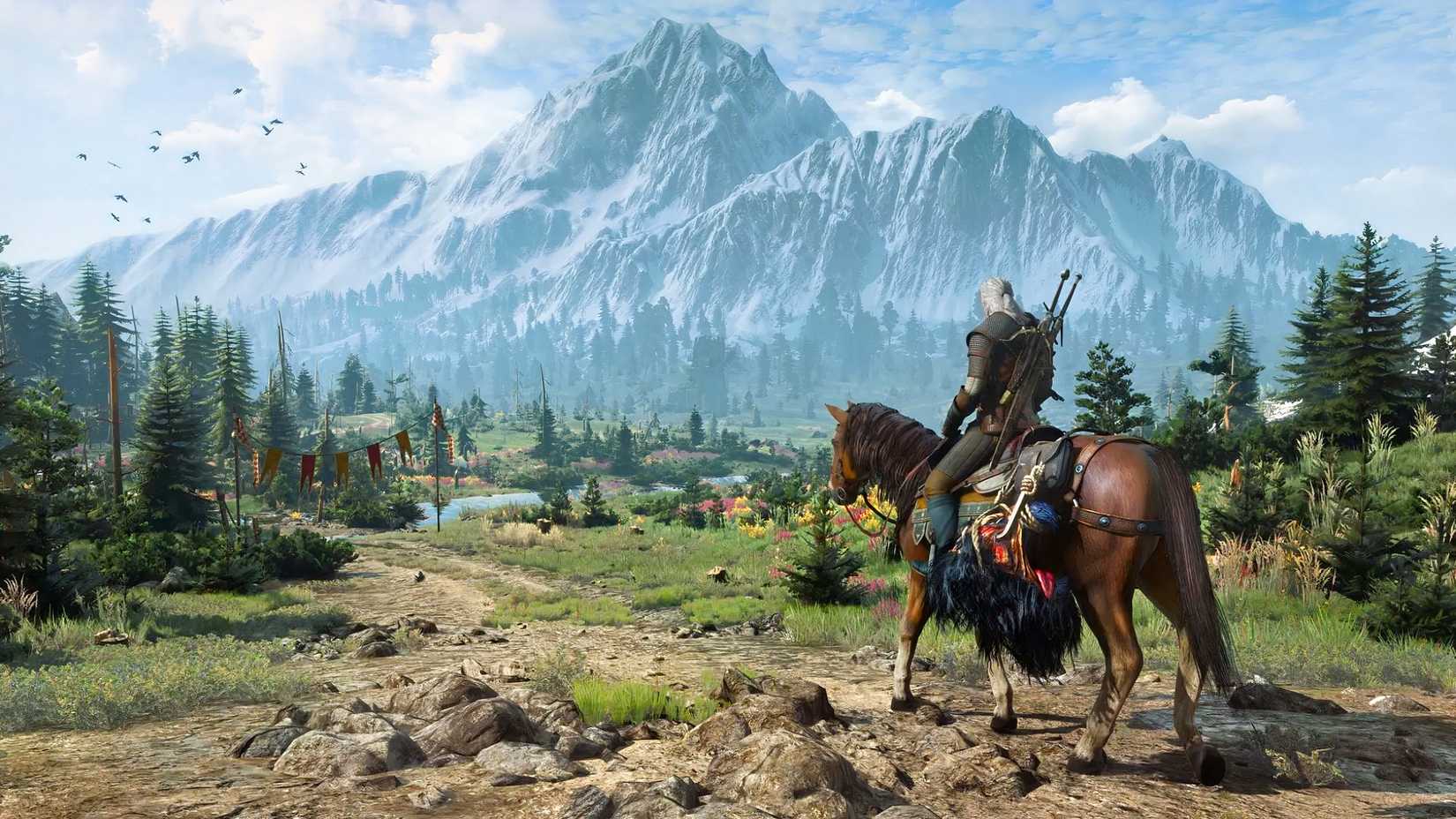 The Witcher 3 Wild Hunt Promotional Image showing Geralt on Horseback