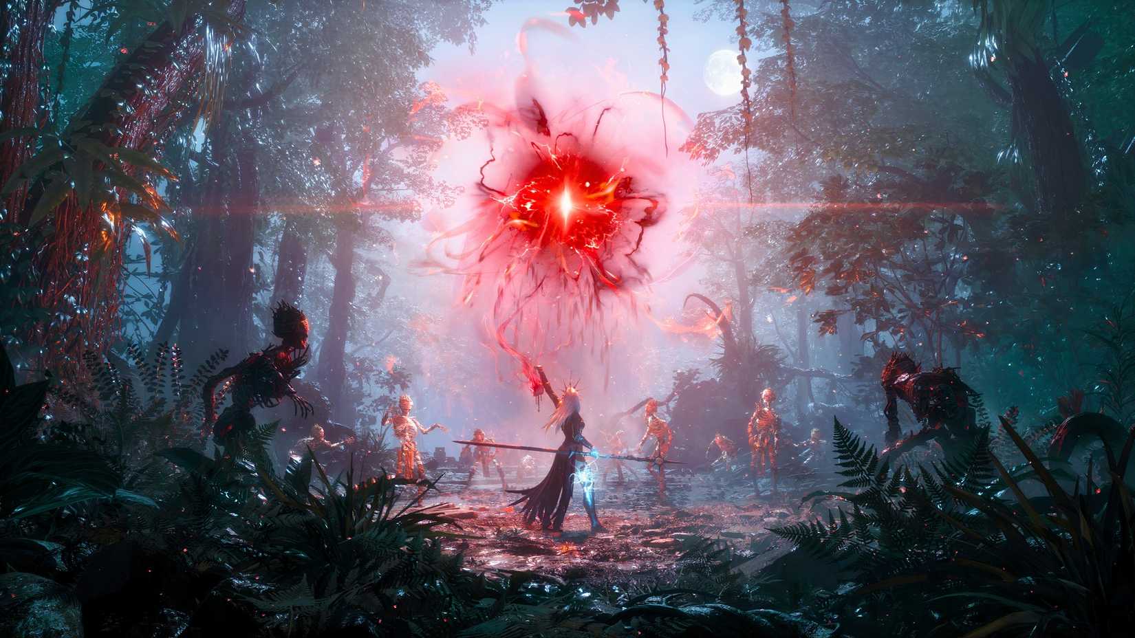 Skeletons and foes moving towards a spell being cast in Lords of the Fallen 2.