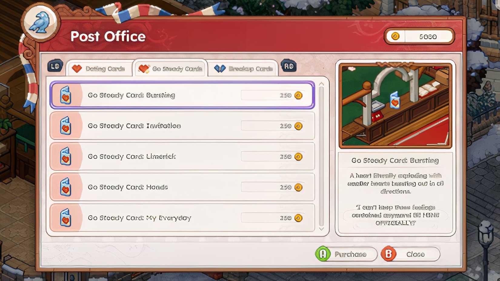 The Post Office card selection menu in Witchbrook.
