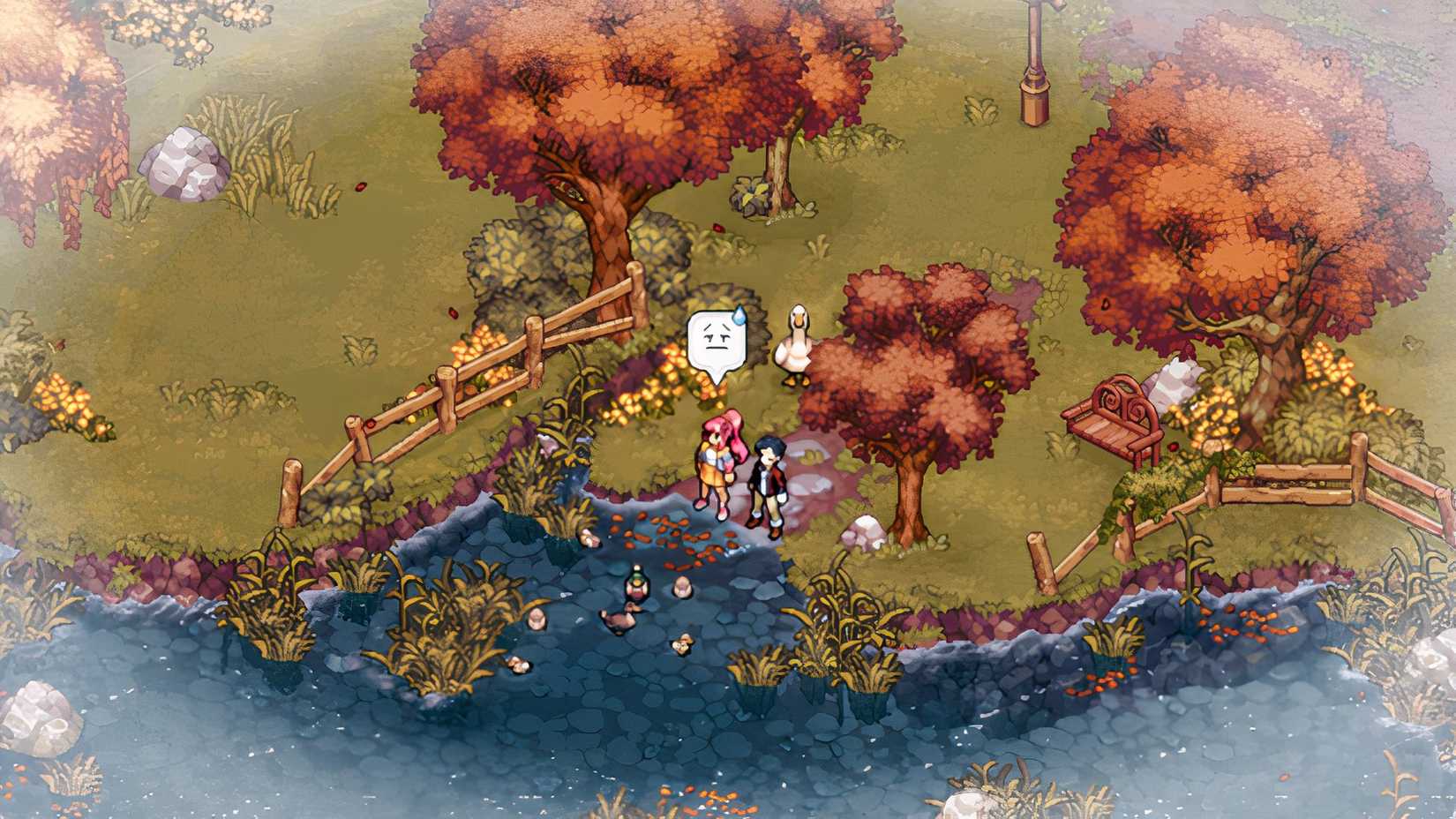 Evadne and the player on a pond-side date that is not going well.